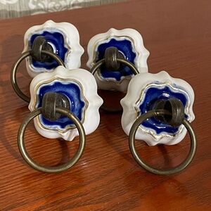 Lot of 4~Indian Shelf Navy, Gold & White Glass Knobs~Pulls